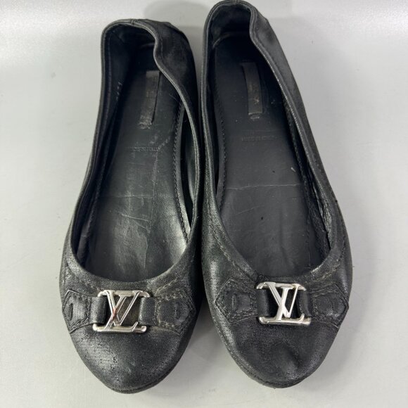 Authentic Louis Vuitton Black Metallic Suede Oxford Ballet Flats, 38.5 - Picture 2 of 14